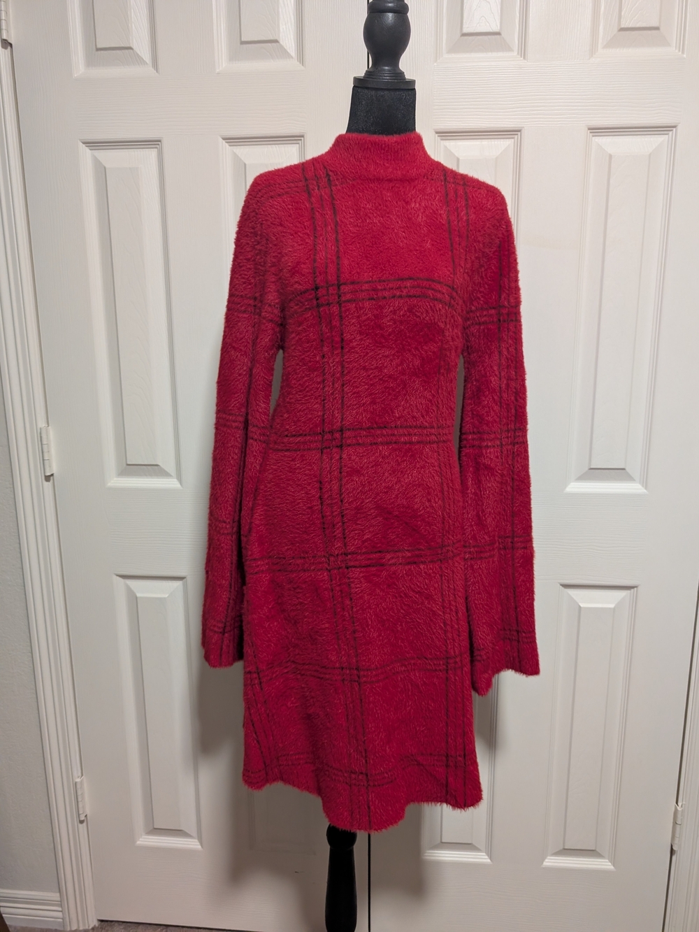 Cozy Red Plaid Mock Neck Long-Sleeve Dress